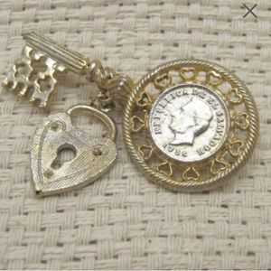 Vintage Key Coin Pin Heart Dangle